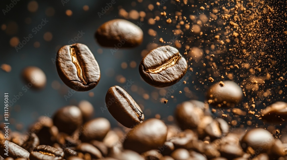 Close-up of coffee beans floating through the air, surrounded by fine particles of coffee dust, creating a dynamic scene that captures the essence of freshly ground coffee and its aromatic energy.. AI Close-up of coffee beans floating through the air, surrounded by fine particles of coffee dust, creating a dynamic scene that captures the essence of freshly ground coffee and its aromatic energy.. AI