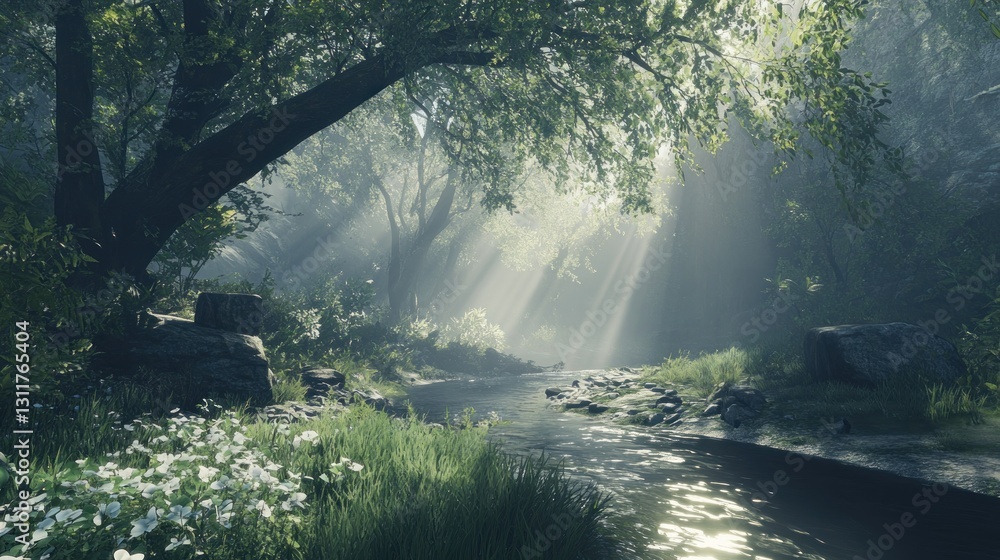 Stream Flowing Through a Lush Forest with Sunbeams Shining Through Trees Stream Flowing Through a Lush Forest with Sunbeams Shining Through Trees