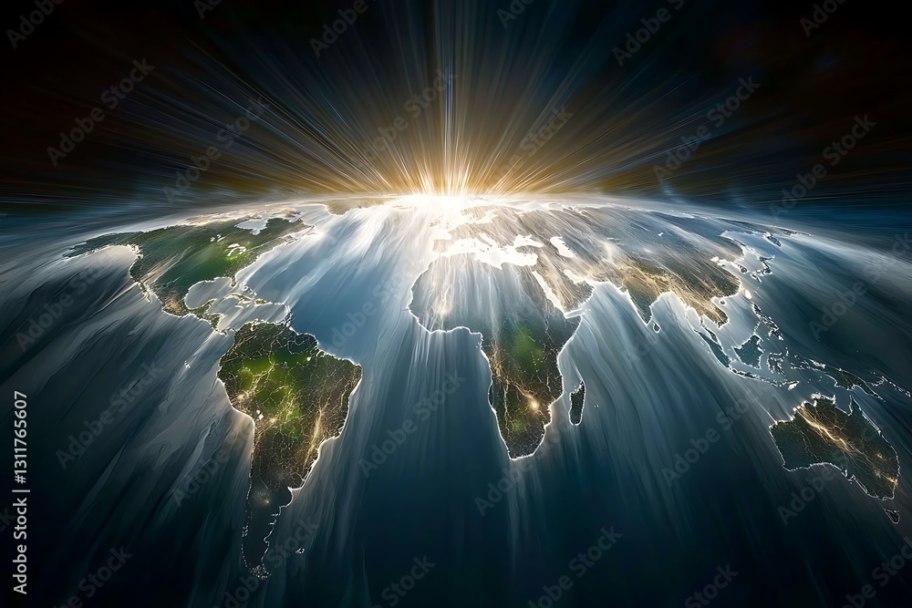 Fototapeta premium Earth illuminated with digital rays connecting across global continents