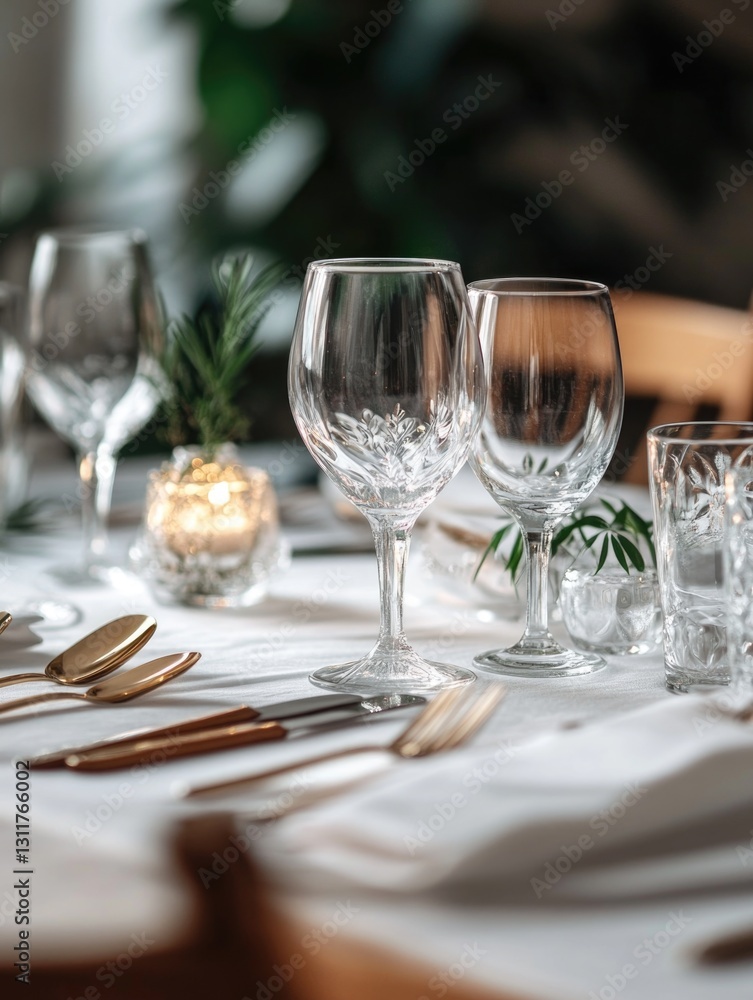 Fototapeta premium Elegantly set table with wine glasses and silverware on a white tablecloth.