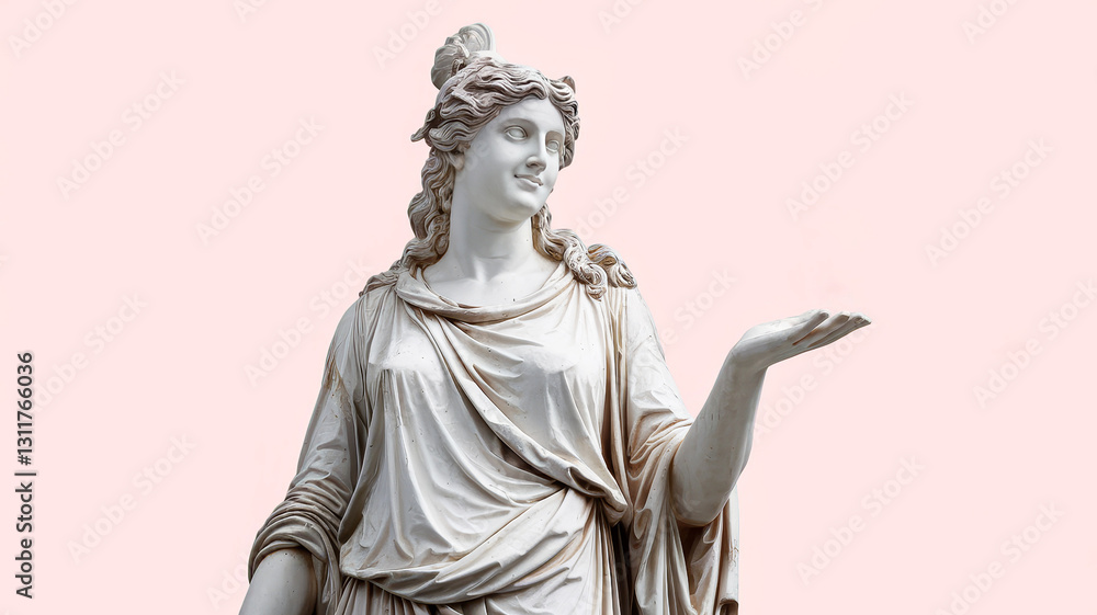 Greek goddess statue holds mysterious object in palm, symbolizing important choice. Choice reflects luxury, significance, and transformation, creating perfect setting for branding or storytelling. Greek goddess statue holds mysterious object in palm, symbolizing important choice. Choice reflects luxury, significance, and transformation, creating perfect setting for branding or storytelling.