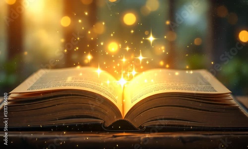 Opening book unleashing magical glow with sparkling energy in mystical light
