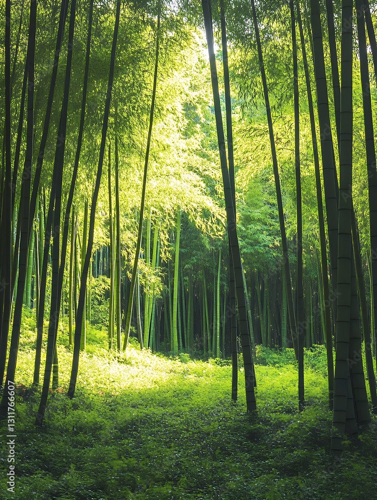 Fototapeta premium Sunlit Green Bamboo Forest Path