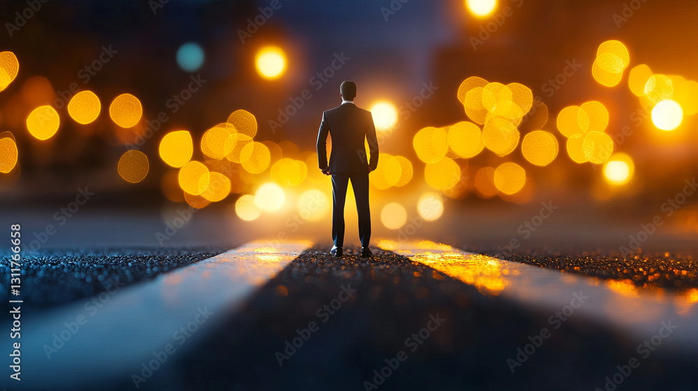 leader standing at crossroad, contemplating choices in city at night leader standing at crossroad, contemplating choices in city at night
