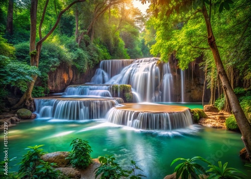 Vintage Huay Mae Kamin Waterfall, Kanchanaburi, Thailand - Lush Jungle Landscape