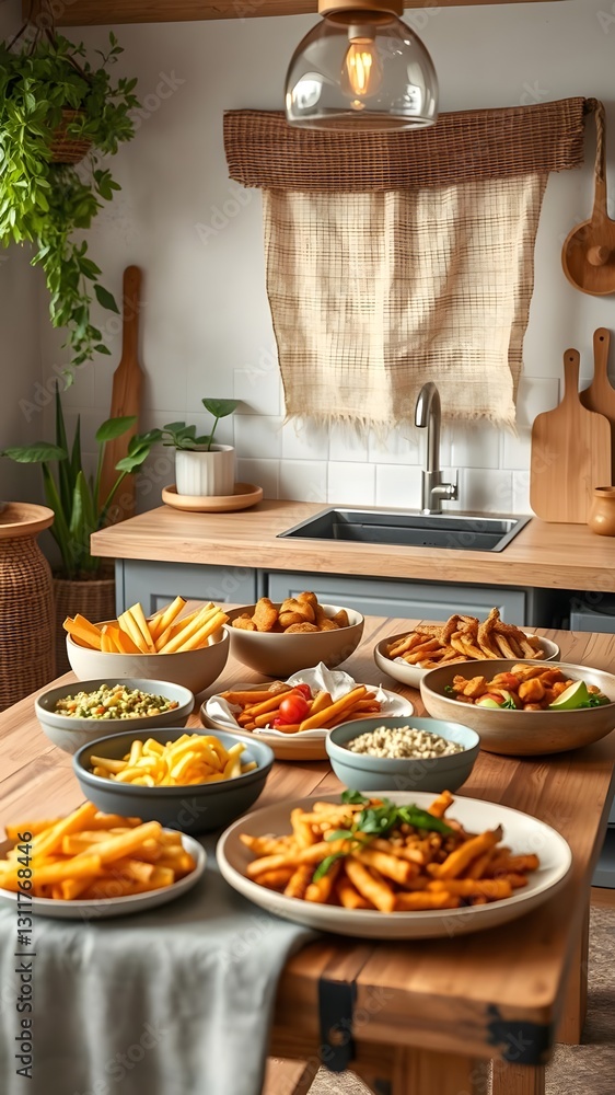 Naklejka premium Sustainable Air Fried Dishes on a Kitchen Table Surrounded by Eco Friendly Materials