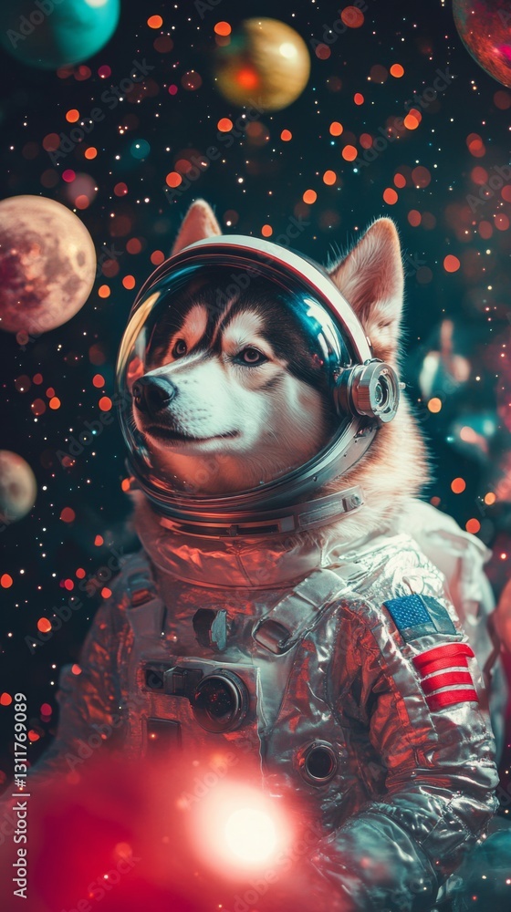 A charming astronaut dog gazes into the cosmos. Colorful planets swirl around. This whimsical scene blends fun and adventure. It inspires dreams of space exploration. Generative AI A charming astronaut dog gazes into the cosmos. Colorful planets swirl around. This whimsical scene blends fun and adventure. It inspires dreams of space exploration. Generative AI