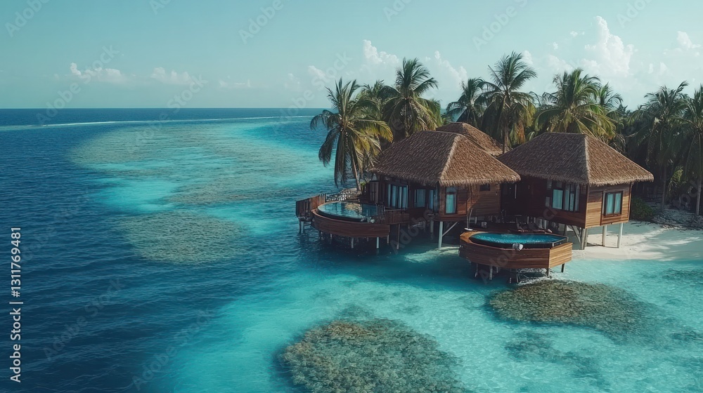 Fototapeta premium Luxury Overwater Bungalows on Tropical Island with Turquoise Ocean View