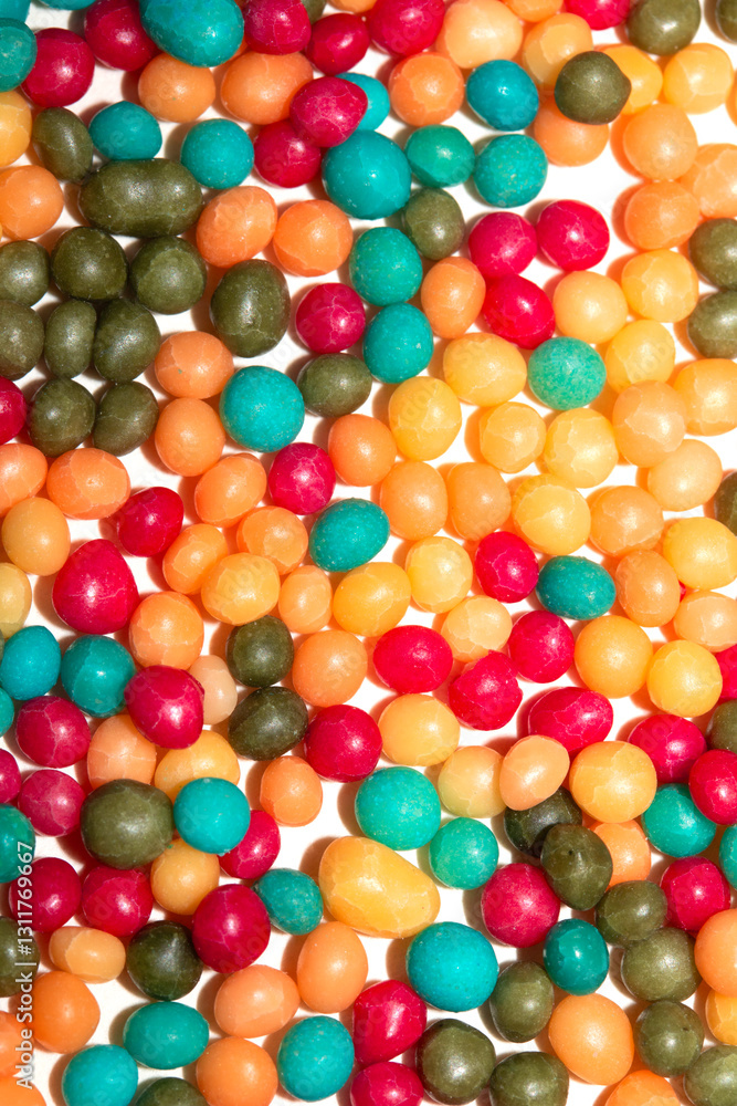 Obraz premium Close up of round ball sugar ice cream cake decorations on a white background