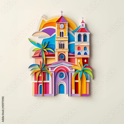 West Covina, California, paper cut illustration - A church with a clock tower and palm trees photo