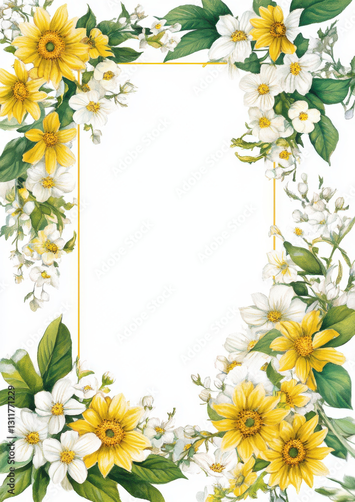 beautiful floral frame featuring yellow and white flowers, perfect for invitations or greeting cards. vibrant blooms create cheerful and inviting atmosphere beautiful floral frame featuring yellow and white flowers, perfect for invitations or greeting cards. vibrant blooms create cheerful and inviting atmosphere