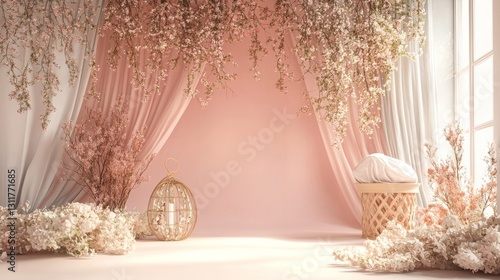 Pastel Spring Bloom Studio Backdrop:  Elegant Pink and White Floral Setting with Curated Details