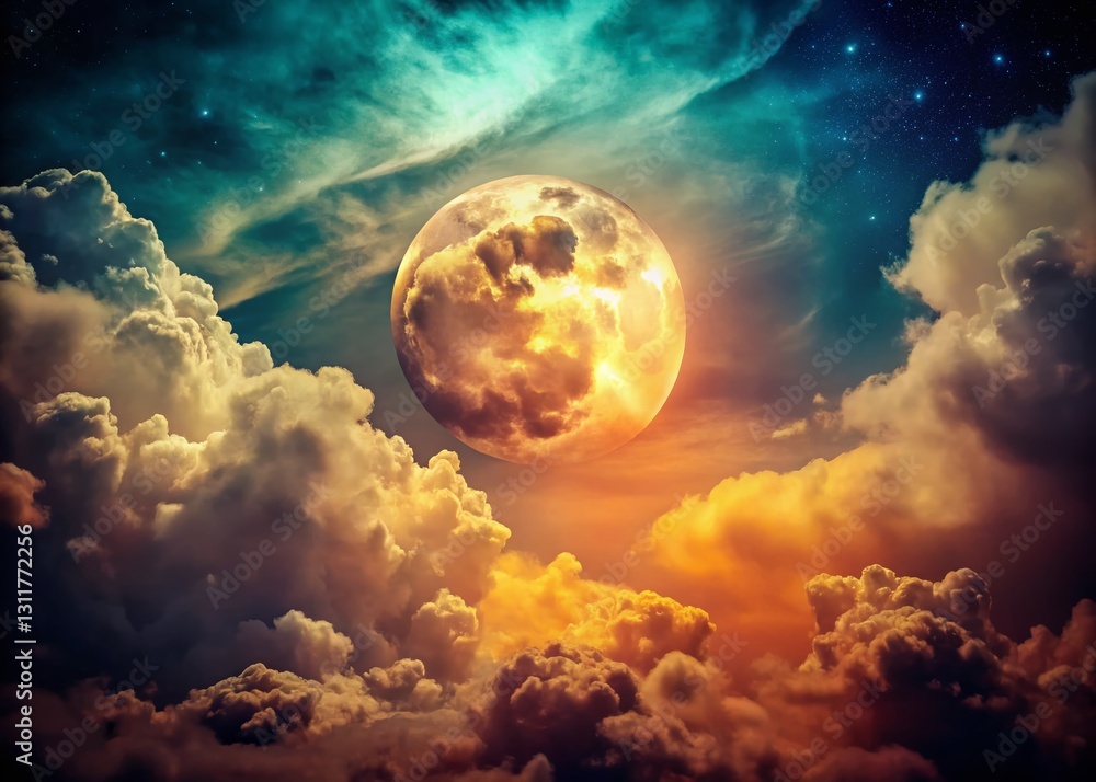 Obraz premium Vintage Night Sky: Bright Full Moon Hidden Behind Clouds