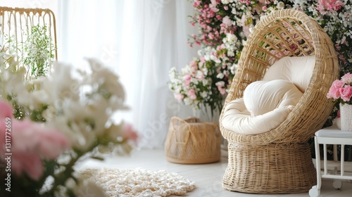 Serene Wicker Chair in a Floral Setting