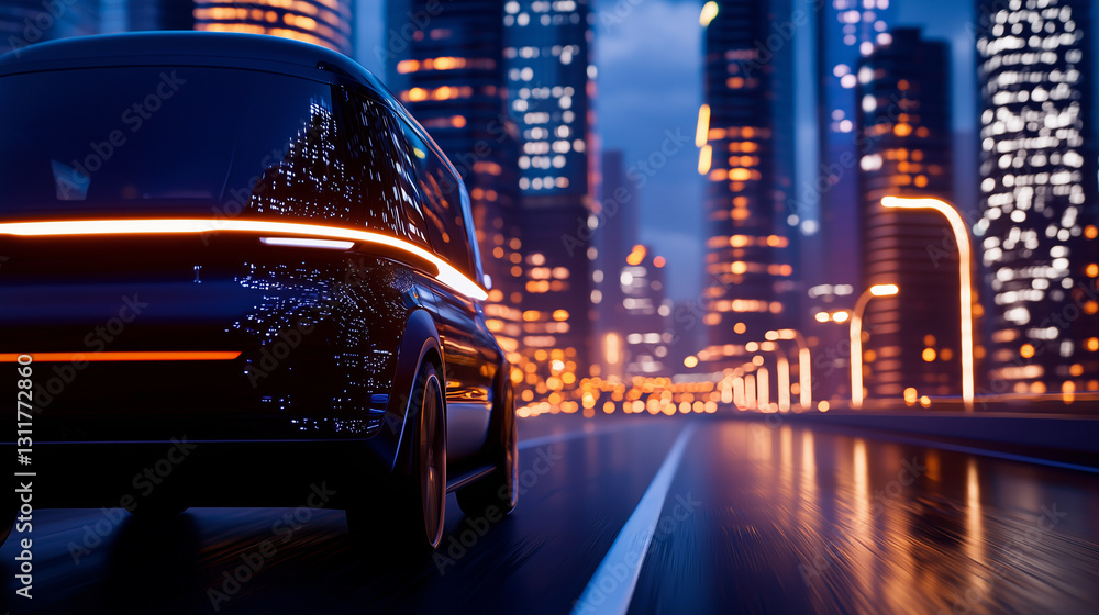 Fototapeta premium Futuristic self-driving van navigating urban cityscape