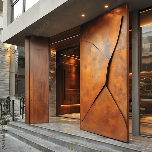 Modern rusty-brown metal pivot door entrance.