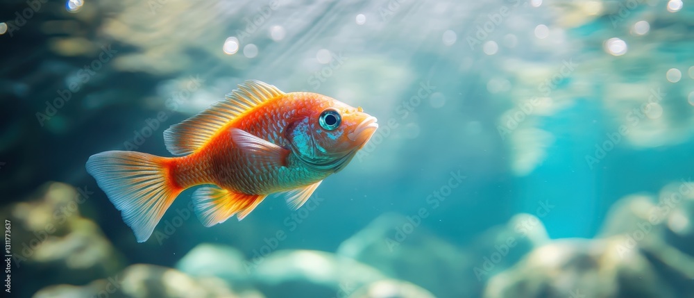 Fototapeta premium Vibrant Orange Fish Swimming Gracefully Underwater in Clear Water