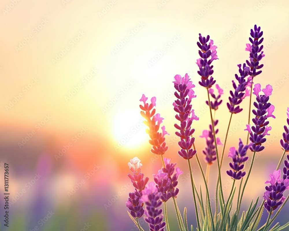 Fototapeta premium Beautiful Lavender Flowers in Bloom Against a Soft Sunset Background