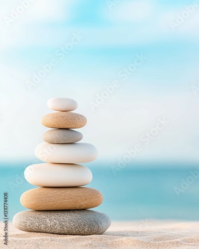 Serene Stone Stack on Sandy Beach with Soft Blue Ocean and Calm Sky Background
