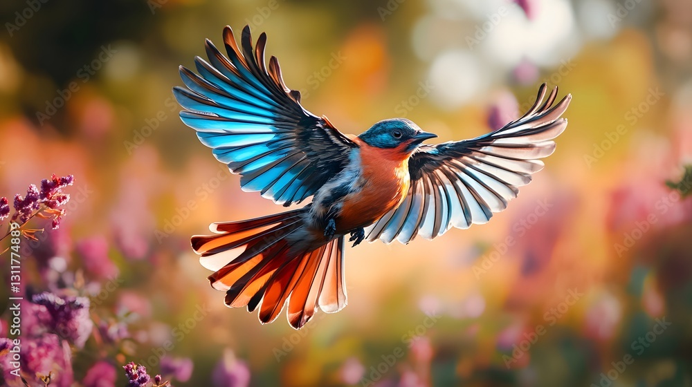 Fototapeta premium Colorful Bird in Flight Over Vibrant Flower Garden Background