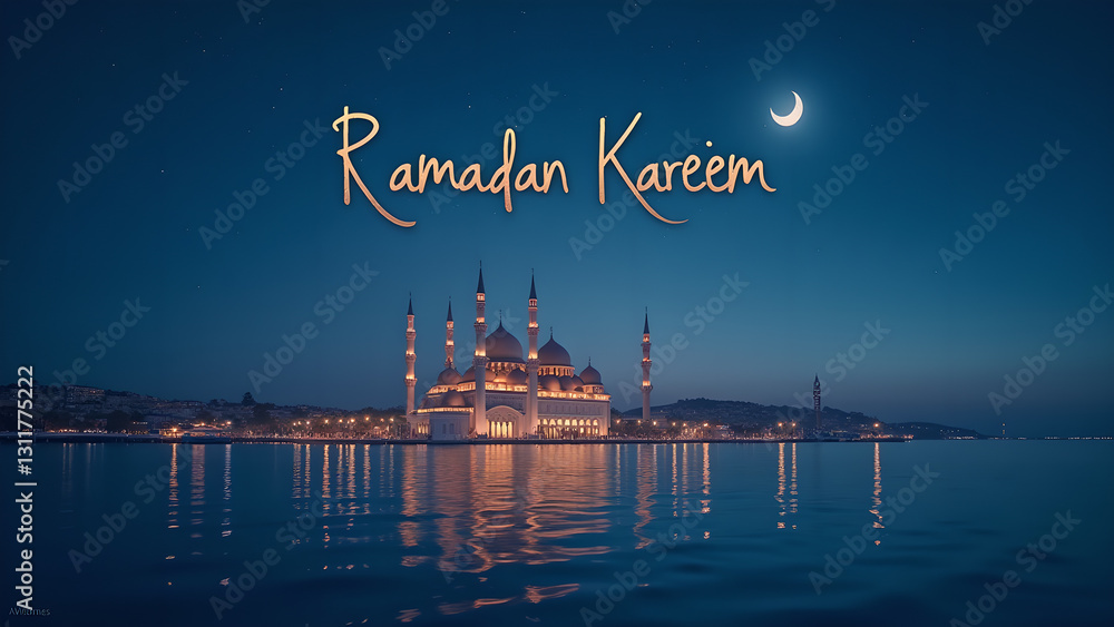 Naklejka premium Ramadan Kareem Mosque at Night with Crescent Moon