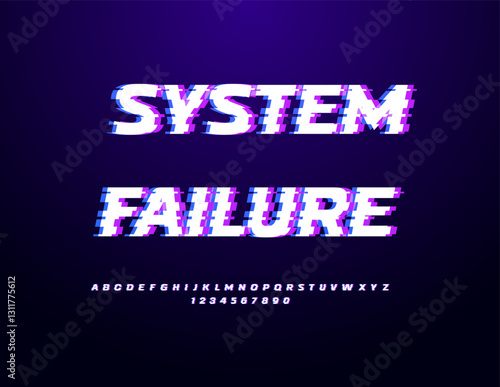 Vector Digital logo System Failure. Modern Broken Font. Bright Glitched Pixels Alphabet Letters and Numbers set.
