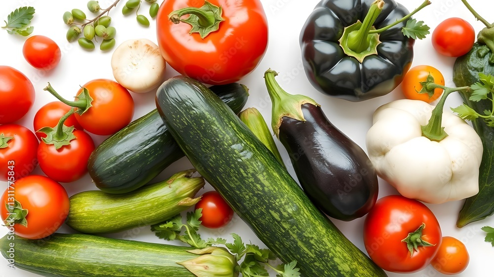  Healthy Mixed Vegetables with Zucchini, Eggplant, and Tomatoes Isolated on a Clean White Background