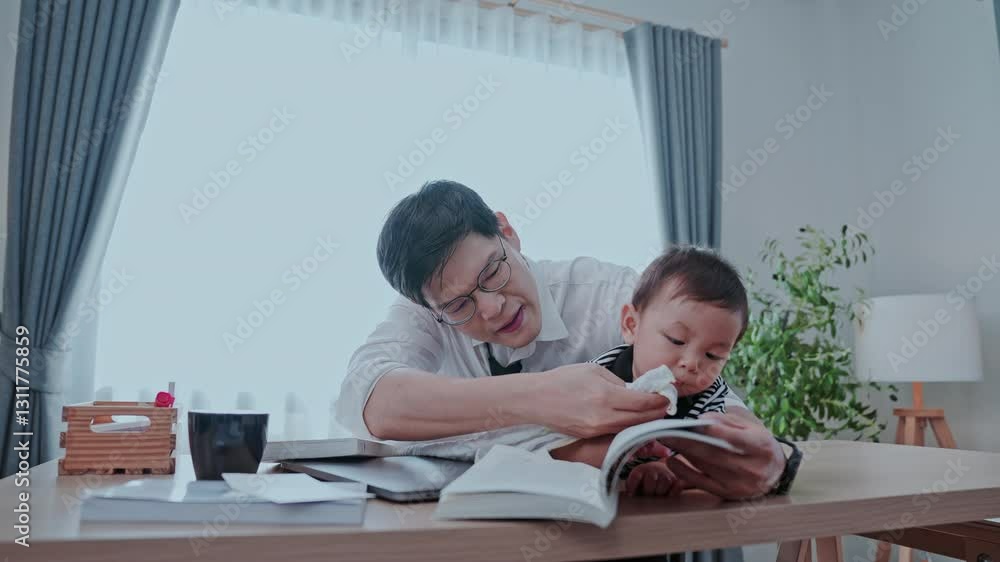 A father sits at a sleek desk, engrossed in sharing a book with his toddler. Soft lighting and greenery create a warm atmosphere, highlighting their connection during reading. A father sits at a sleek desk, engrossed in sharing a book with his toddler. Soft lighting and greenery create a warm atmosphere, highlighting their connection during reading.