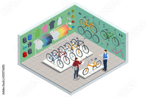 An isometric, vector illustration of a bicycle shop interior featuring a variety of bikes, accessories, clothing, and helmets for cycling enthusiasts.