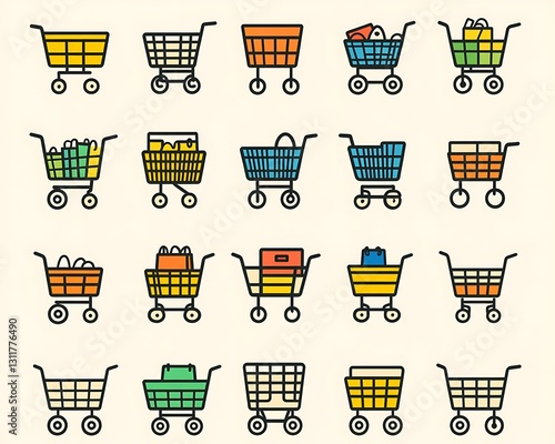 Shopping carts, colorful, various items, retail background, icon set
