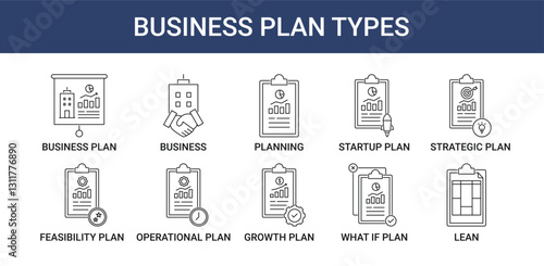 Business Plan icon pack with startup, strategic, operational and growth icon