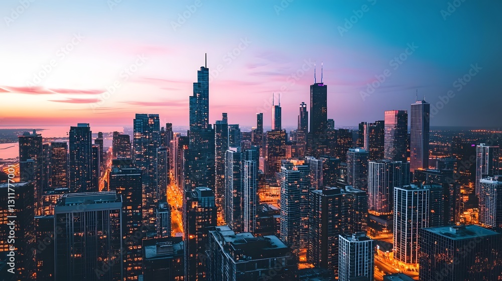 Obraz premium Scenic City Skyline at Dusk with Colorful Lights and Clouds