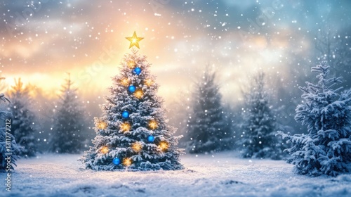 Christmas tree in the snow with holiday decorations and a starry winter night scene