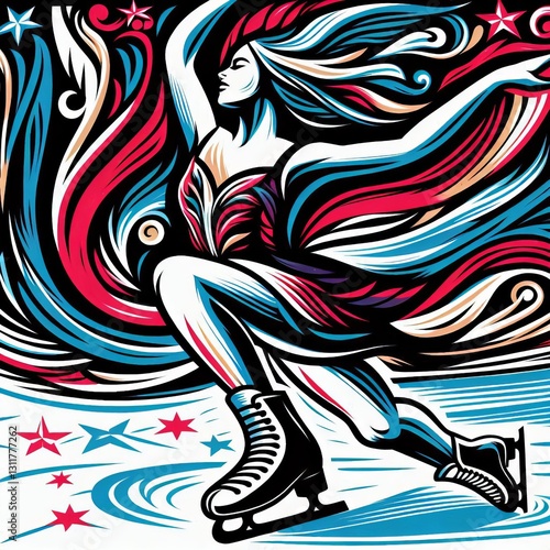 Elegant Ice Skater Performance A linocut of an ice skater perfor photo