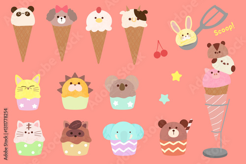 動物の顔の形のアイスクリームセット　ベクターは組み合わせ変更可能　手書きの可愛いイラスト