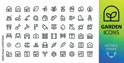 Garden line UI icons set. Set of greenhouse, lawn mower, pruning shears, gardening tools, barbecue, fence, fertilizers, soil bag, plant, shed, seed, garden cart vector icon with editable stroke