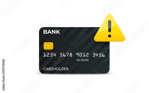 Credit or debit bank card with warning sign, vector illustration. Problem with transaction or payment. Important bank account notice. Security alert.