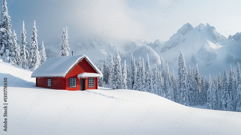 Vivid red cabin in snowy landscape Vivid red cabin in snowy landscape
