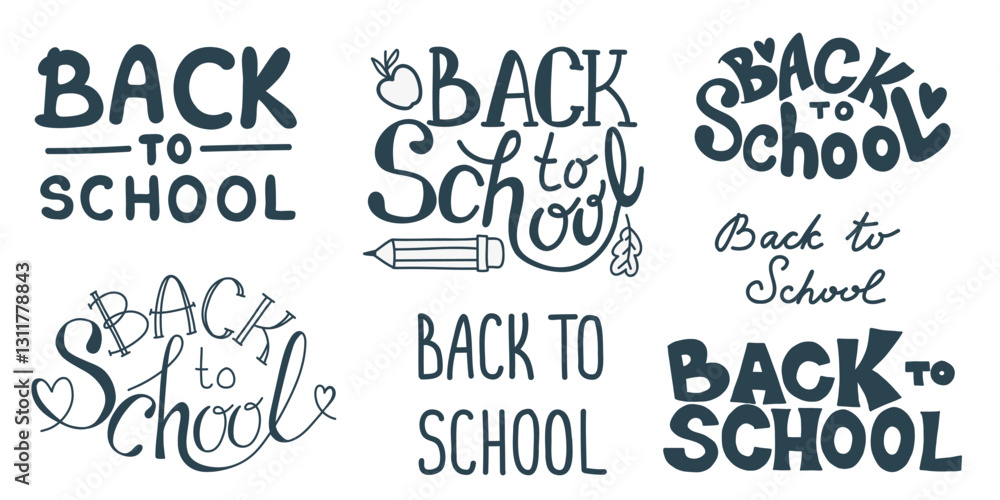 Back to School inscriptions handwritten collection. Hand drawn lettering black and white. Set of hand drawn phrases isolated on white background. Vector illustration. Back to School inscriptions handwritten collection. Hand drawn lettering black and white. Set of hand drawn phrases isolated on white background. Vector illustration.