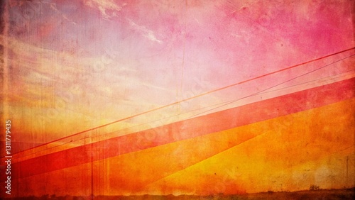 Vintage Pink Orange Abstract Painting with Leading Lines on White Background - Stock Photo