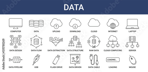 Data icon pack with data design, USB and server icon