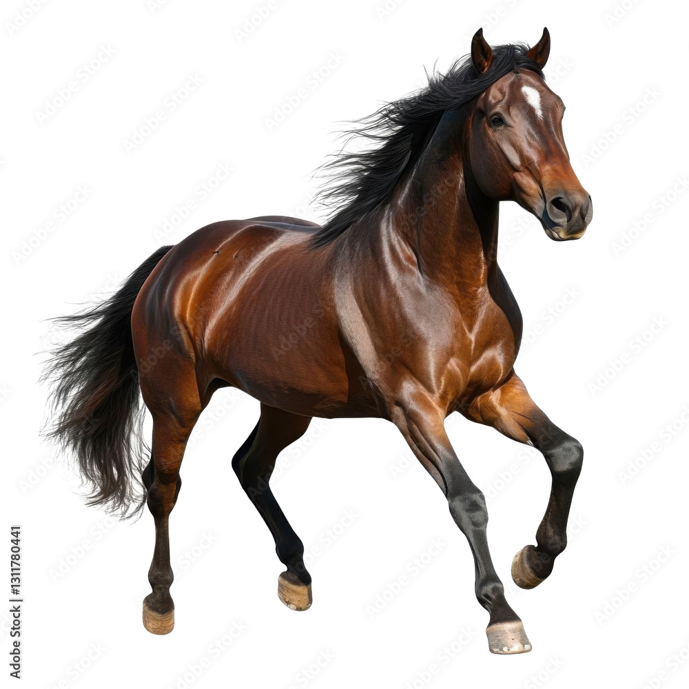 Obraz premium Bay horse galloping isolated on transparent background, realistic illustration.