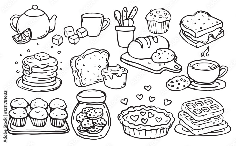 set of homemade pies, waffles, pancakes and tea. vector illustration in doodle style, cozy home