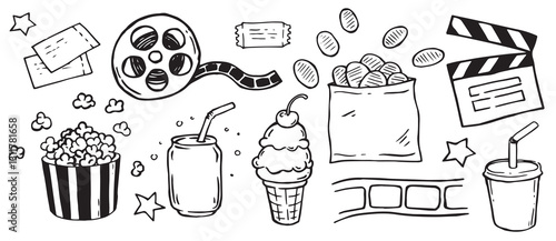 set of theme of cinema, film strip, popcorn, clapperboard. Vector illustration in doodle style