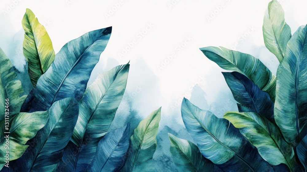 Fototapeta premium Abstract watercolor tropical leaves in vibrant green and blue tones, white background