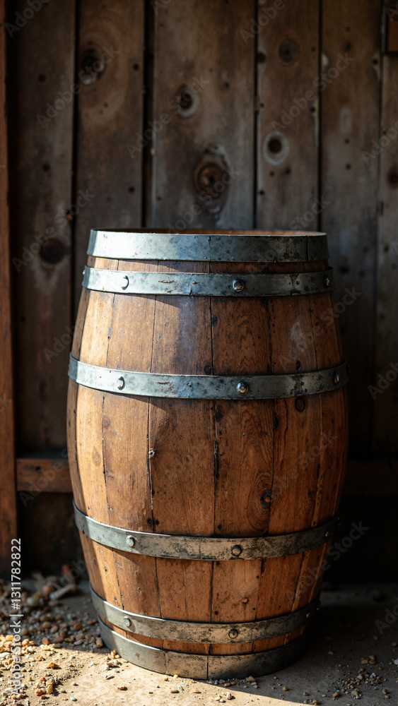 Aged Wooden Barrel Against Weathered Barn: Perfect for Wineries, Breweries, and Artisanal Food Promotions Aged Wooden Barrel Against Weathered Barn: Perfect for Wineries, Breweries, and Artisanal Food Promotions