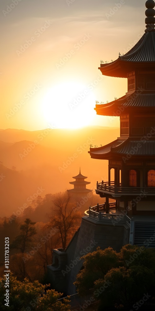 custom made wallpaper toronto digital Golden Sunrise with Traditional Chinese Pagoda on Rolling Hills