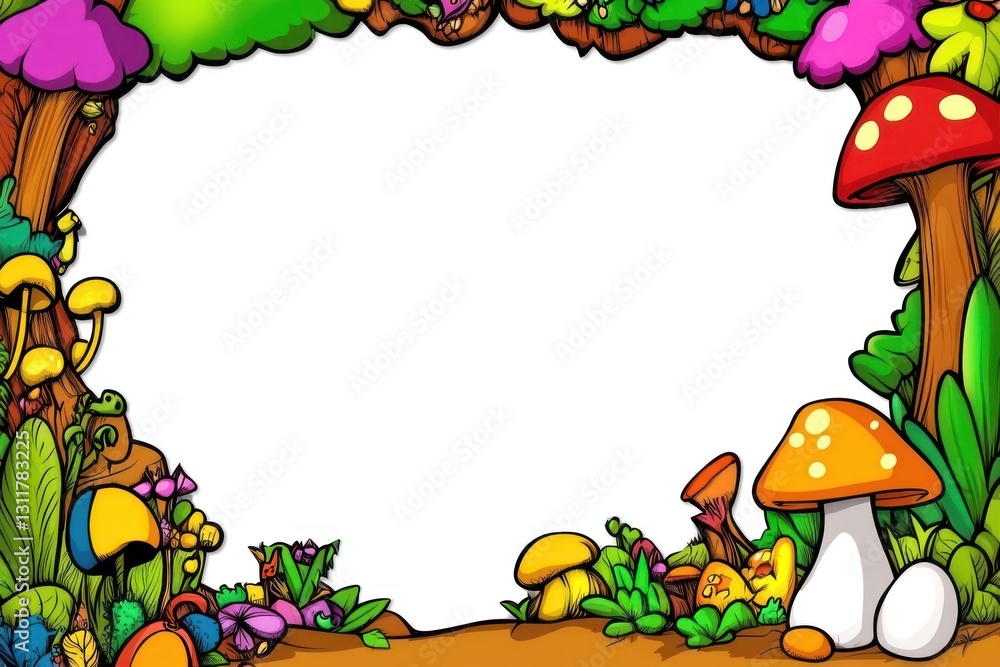 Obraz premium Cartoon forest frame with mushrooms, trees, flowers, leaves on white background