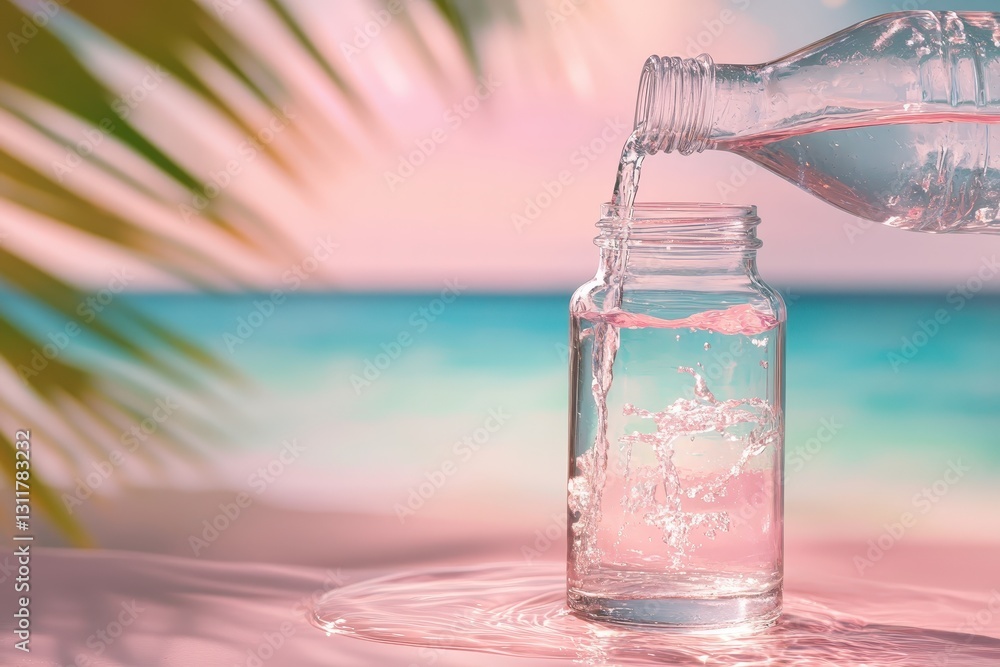 A clear water bottle pouring water into a glass jar near the beach A clear water bottle pouring water into a glass jar near the beach