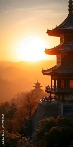 Wallpaper Mural  Golden Sunrise with Traditional Chinese Pagoda on Rolling Hills Torontodigital.ca